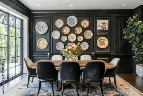 Refined dining room featuring a curated collection of antique china displayed above sleek contemporary furnishings