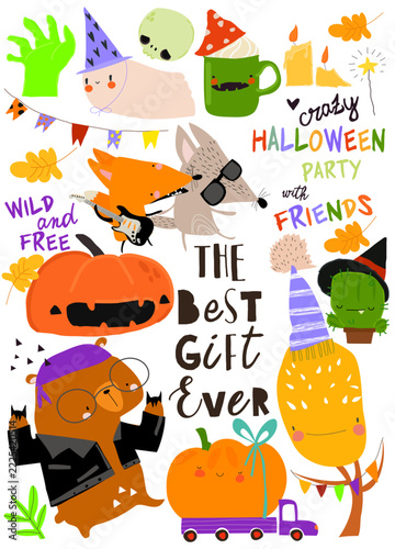 Cute Cartoon Set With Funny Animals, Pumpkins and Halloween Elements