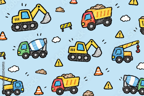 Colorful construction vector illustration featuring cute doodle style heavy machinery vehicles on blue background