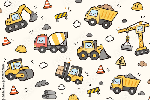 Cute construction vehicles pattern featuring kawaii excavators trucks cranes and bulldozers in seamless vector design