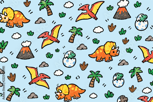 Colorful vector dinosaur pattern illustration featuring cute prehistoric creatures volcanoes and tropical palm trees