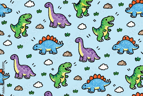 Colorful cute dinosaurs seamless pattern vector illustration featuring hand drawn prehistoric animals on blue background