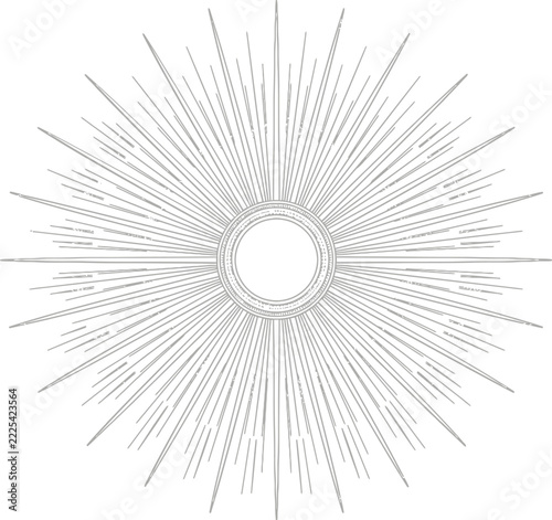 Vintage sunburst engraving illustration with decorative circular center element isolated on white