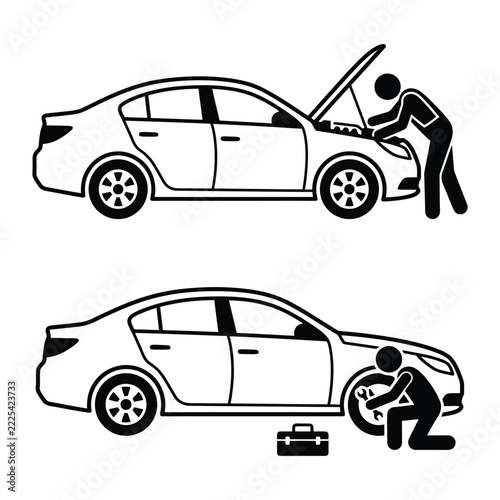 Car repair service icons set with mechanic working on engine and changing tire isolated on white background