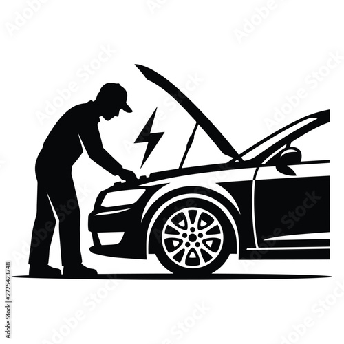 Silhouette of a mechanic repairing a car engine with a lightning bolt symbol representing electrical issues