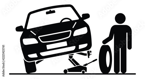 Car maintenance icon with a vehicle lifted by a hydraulic jack and a mechanic holding a spare tire