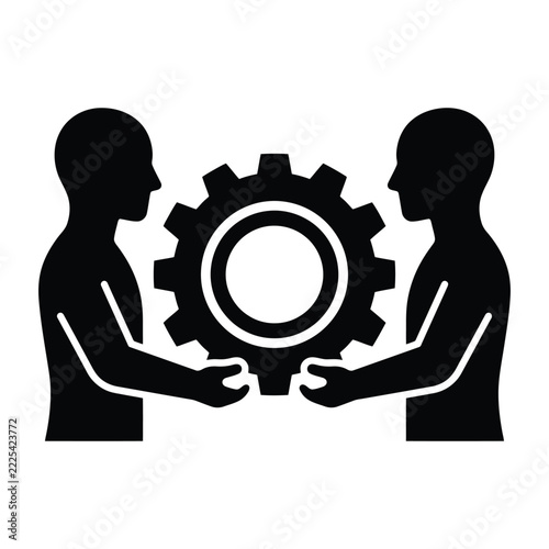 Two people holding a large gear icon, representing teamwork, collaboration, engineering, and industrial cooperation