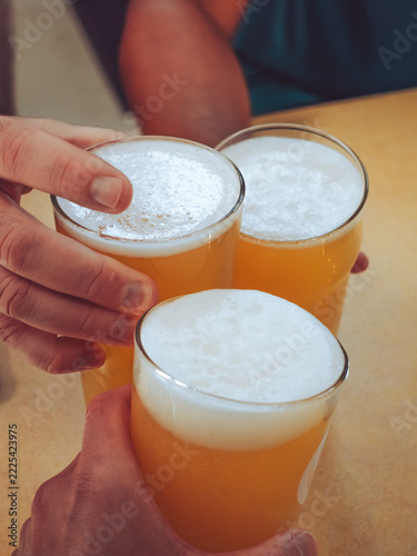 A group of friends 'Cheersing' their beer glasses at a social gathering