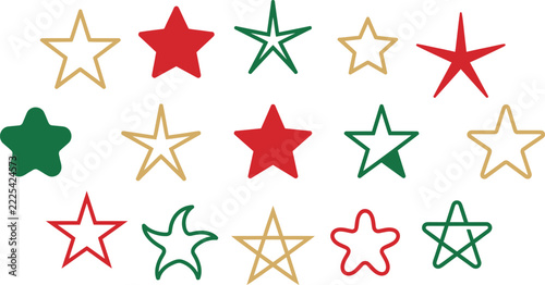 Various outline and solid festive star designs for holiday graphic art with decoration collection illustration ornament celebration christmas geometry colorful