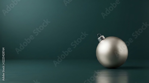 Minimalist silver Christmas bauble on dark green background, elegant festive ornament decoration, seasonal holiday banner with copy space