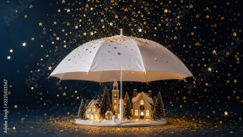 White umbrella protecting a glowing Christmas village beneath magical golden stars on a festive winter night
