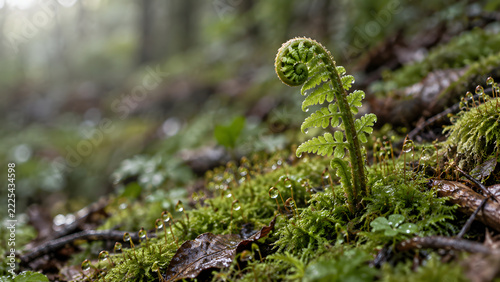 Unfurling Fern Frond on a Dewy Mossy Forest Floor