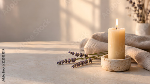 Ivory Candle with Dried Lavender and Linen in Warm Window Light