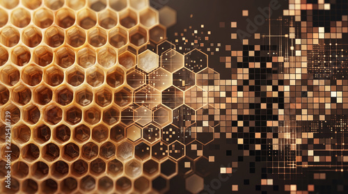 Macro abstract concept of natural honeycombs transforming into digital pixel grid and data stream