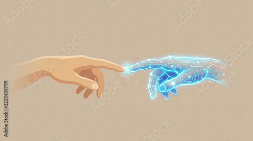 Minimalist vector art of two hands connecting: one human hand and one glowing digital light hand on beige background