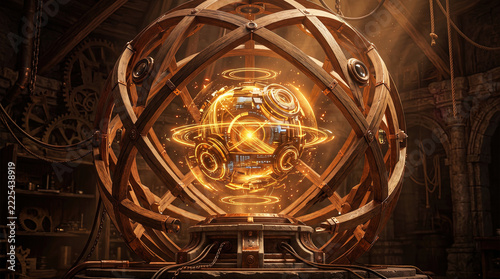 Futuristic artificial intelligence core inside wooden armillary sphere concept of ancient technology meets ai