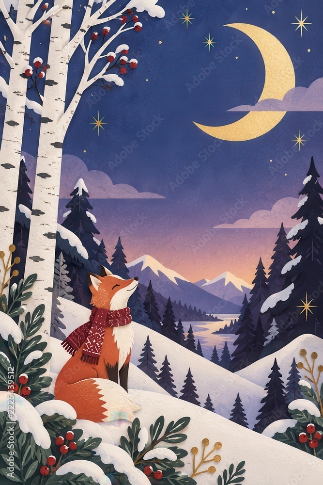 Naklejka premium Fox in snowy forest beneath golden crescent moon