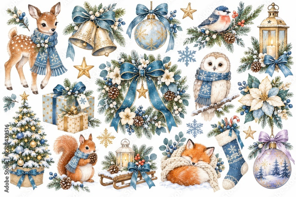 Naklejka premium Watercolor winter woodland animals, ornaments, gifts, greenery