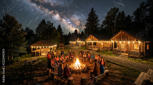 People around campfire by log cabins under Milky Way and meteor shower