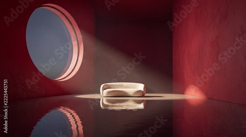 Modern Minimalist Beige Curved Sofa Centered in a Deep Red Textured Room with Circular Window Sunlight Reflection