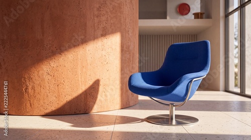 A modern blue swivel chair bathed in warm sunlight, casting a dramatic shadow on a textured terracotta wall
