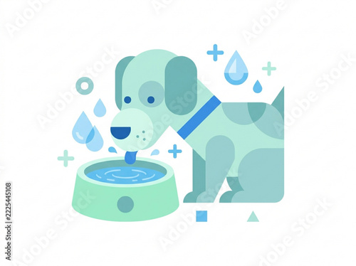 A Thirsty Pup: A cute, stylized illustration of a light blue dog with darker blue spots eagerly drinks from a light green water bowl.