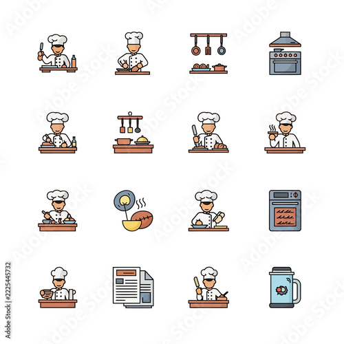 Culinary Icons: Chefs Cooking, Kitchen Appliances, and Food Preparation Flat Design