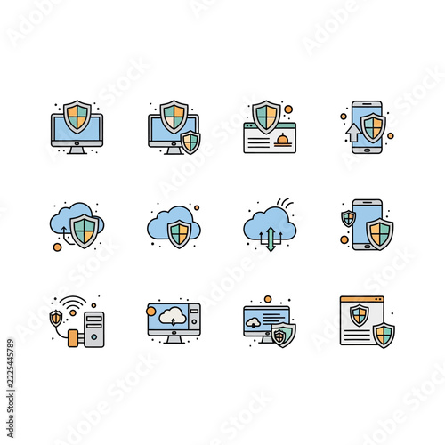 Cyber Security and Data Protection Flat Line Icons Set
