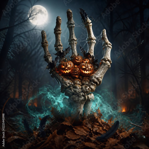 Giant skeleton hand rising from fall leaves holding Halloween pumpkins