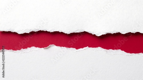 A horizontal strip of white paper torn in the middle revealing a vibrant red background underneath