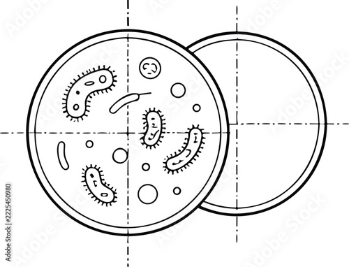 Black and white line art illustration of an open petri dish with bacteria colonies, microorganisms and cells, for microbiology laboratory science education