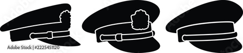 Black Military Beret Collection, Classic Uniform Caps with Decorative Insignia, Adjustable Bands and Visor Details for Vector Design