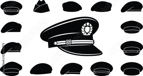 Black Military Officer Caps Collection, Classic Uniform Hat Silhouettes with Central Command Cap Emblem for Fashion and Vector Design