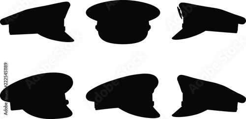 Black Police Officer Caps Collection, Classic Uniform Hat Silhouettes in Multiple Angles for Security, Military and Vector Design