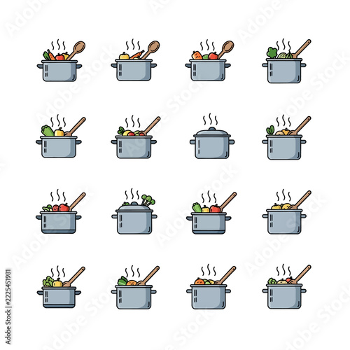 Set of Cooking Pot Icons with Various Vegetables and Wooden Spoons