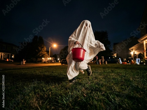 Child in homemade ghost costume running across lawn with red candy bucket at night. Trick or treat on suburban street on Halloween. Spooky holiday fun and childhood tradition.