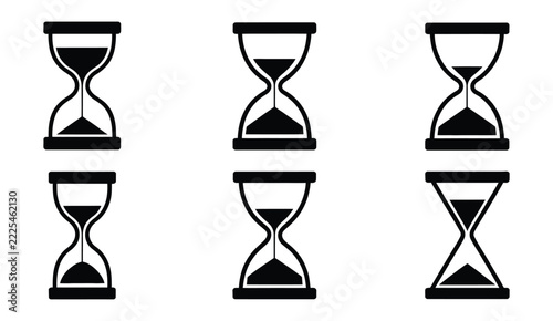 Hourglass icons vector illustration featuring time symbols and sand timers in black silhouette style