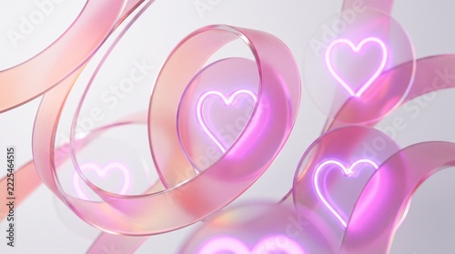 Abstract composition of flowing pink ribbons and glowing neon hearts on a soft background, symbolizing love and romance.