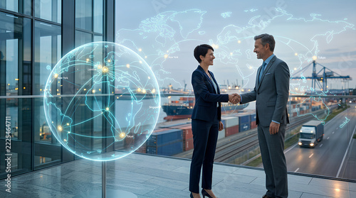 business professionals shaking hands in modern logistics hub with digital globe and global network overlay