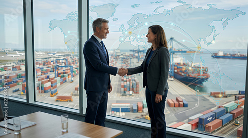 businesspeople shaking hands in a modern industrial port with global trade connections highlighting economic collaboration and