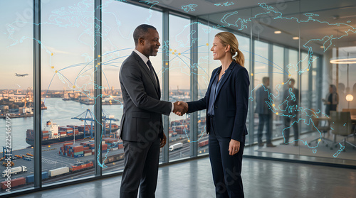 Business professionals engaging in a handshake with a global trade backdrop in a modern high-rise office setting