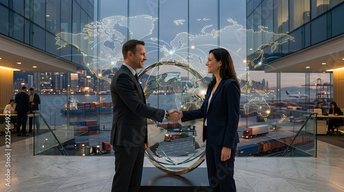 Business professionals shaking hands in a modern office with global network visualization behind them