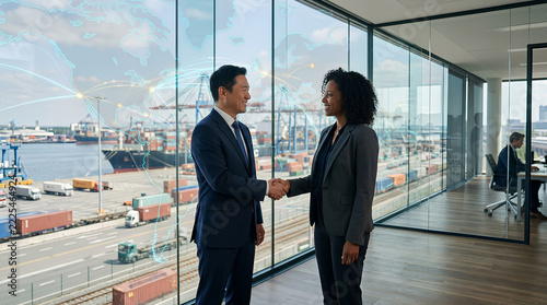 business professionals shaking hands in modern office with waterfront view and digital communication overlay emphasizing