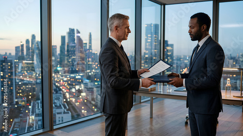 Business professionals exchanging documents in a modern office with city skyline views during daytime