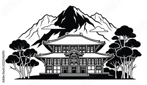 Artistic black and white of a traditional japanese temple nestled among trees with a towering mountain range in the background scene