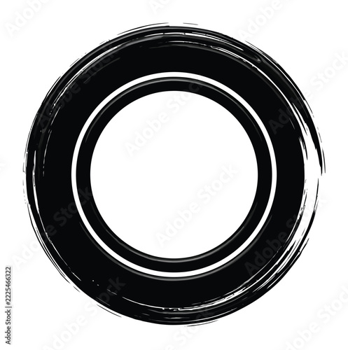 Artistic hand-drawn black ink circular brush stroke frame with a textured distressed edge isolated on a clean white background for