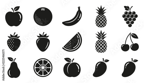 Assorted black and white fruit icons featuring apple, orange, banana, pineapple, grapes, strawberry, watermelon, pear, peach, and mango silhouettes