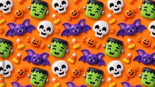 A flat 3D-patterned background featuring an array of charming, playful Halloween elements: smiling skulls, green Frankenstein heads, purple bats, and orange candies.