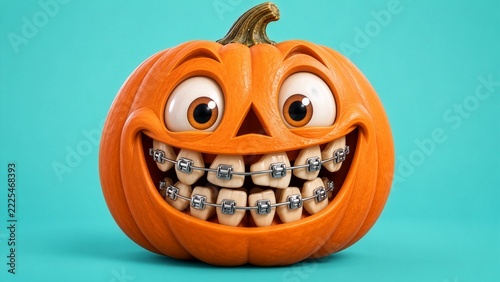 A 3D render of a carved Halloween pumpkin wearing oversized, shiny metal braces on crooked teeth. Wide-open eyes, an expressive, funny face.