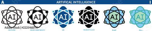 Artificial Intelligence AI Atom Orbit Icon Set in Outline Solid and Flat Styles Vector Illustration on a transparent background 